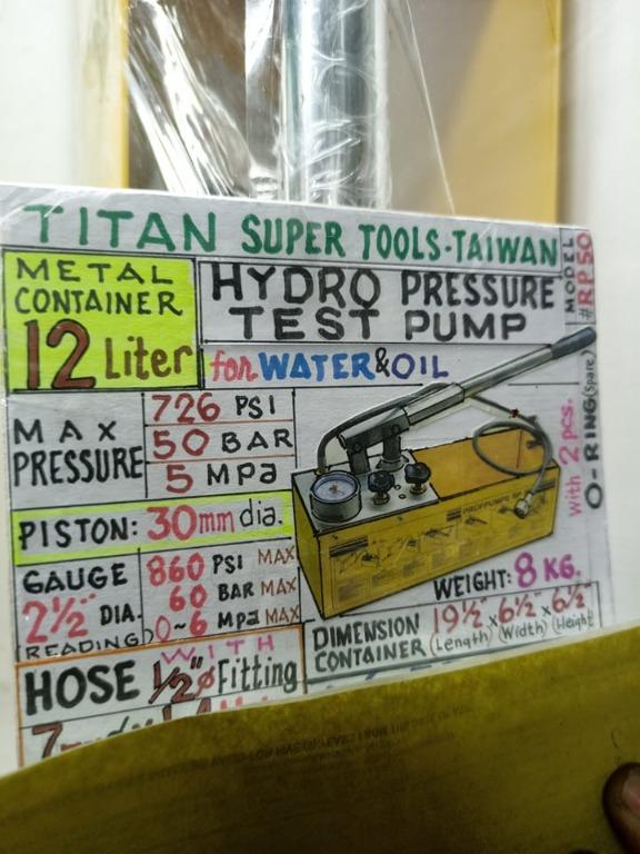 Hydraulic Pressure Test Pump (Category: Construction Tools & Equipment) located in Caloocan City. Submitted by edgar.mondejar (Listing ID 1073800516, Image 3). Description: Hydro Pressure Test Pump for Water & Oil Max Pressure: 726 PSI 50 Bar 5MPA Piston: 30mm Diameter Dimension: 19 1/2" x 6 1/" x 6 1/2".