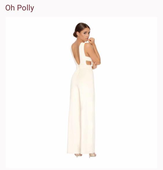 Oh Polly Deep V Jumpsuit in Cream, Women's Fashion, Dresses & Sets, Jumpsuits on Carousell