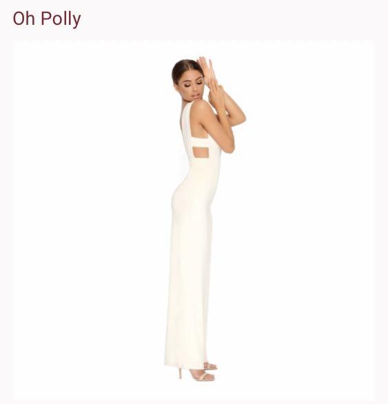 Oh Polly Deep V Jumpsuit in Cream, Women's Fashion, Dresses & Sets, Jumpsuits on Carousell