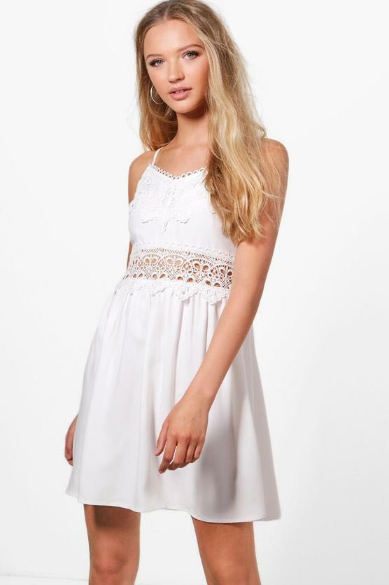 Boohoo Taylor Embroidered Shift Crochet White Dress, Women's