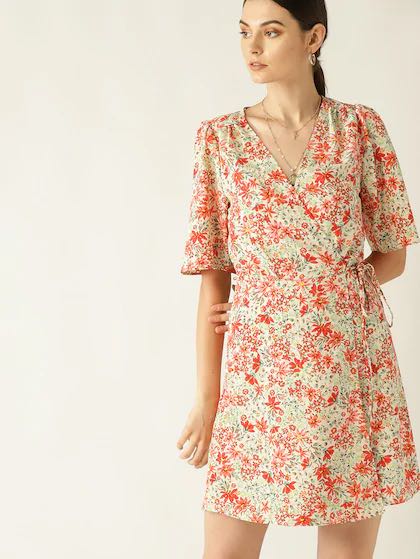 Authentic Mango Red Floral Wrap Dress Women s Fashion Dresses