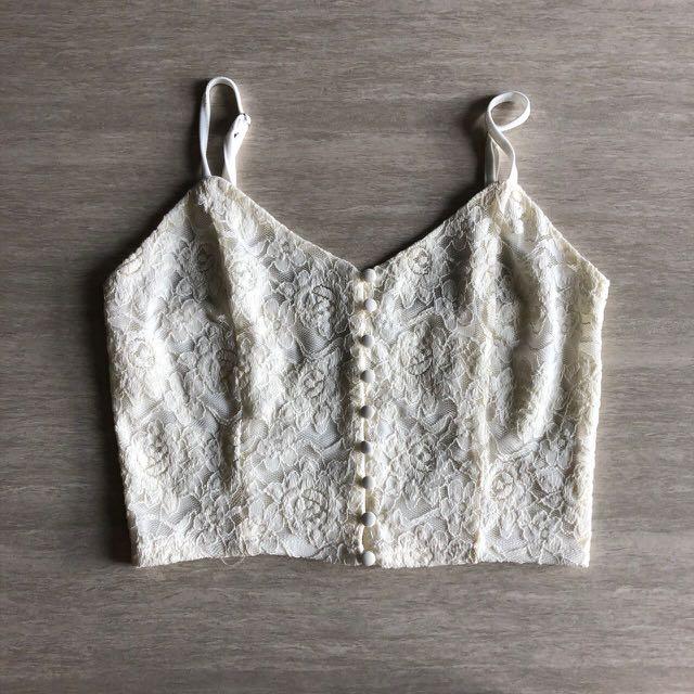 Forever 21 Symphony White Rose Floral Mesh Lace Button Up V Neck Crop Cami  Top in cream / ivory, Women's Fashion, Tops, Sleeveless on Carousell