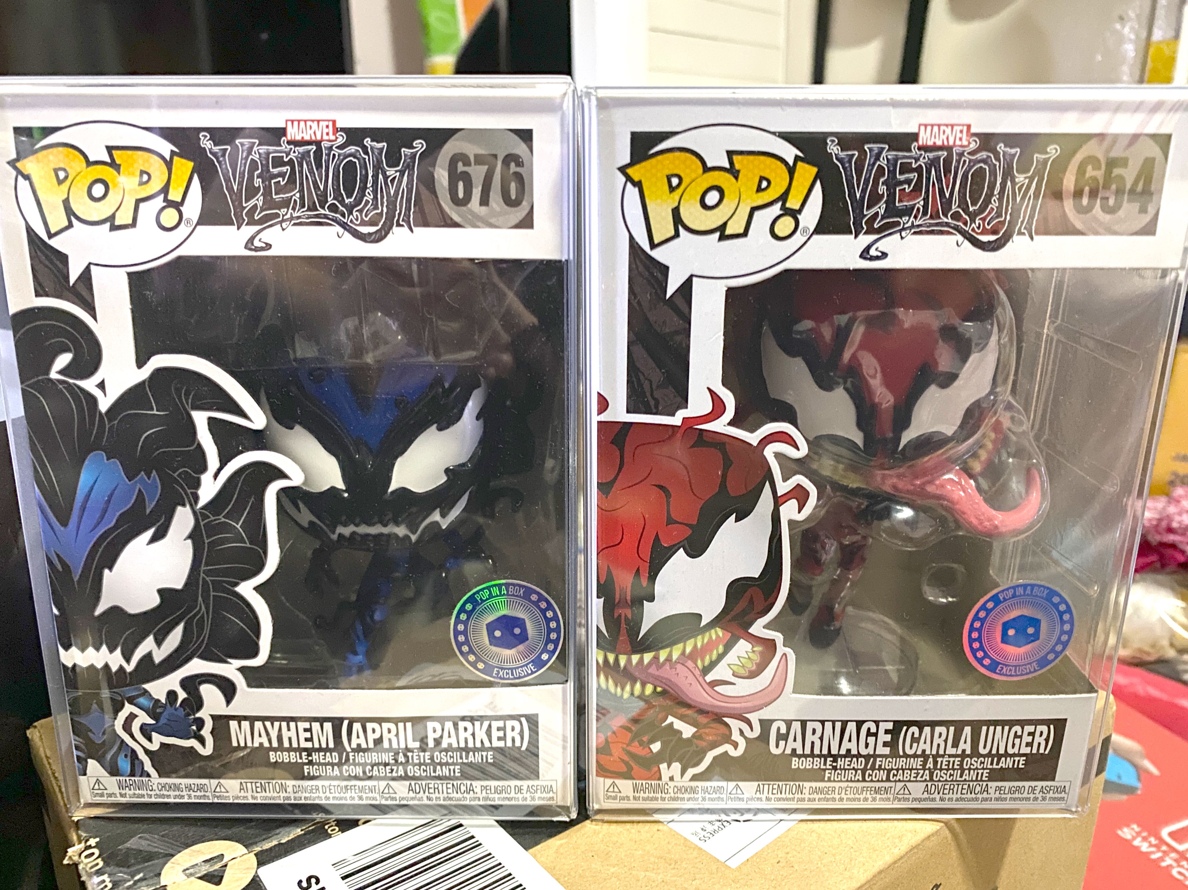 Funko Pop Venom Piab Exclusives Mayhem April Parker Carnage Carla Unger Set Of 2 Toys Games Bricks Figurines On Carousell