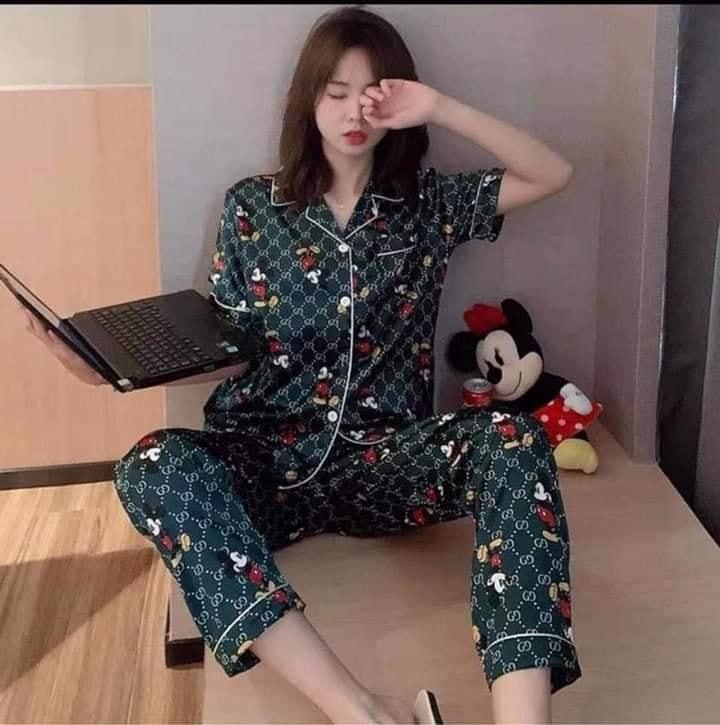 Korean Fashion Ladies Mickey Mouse Silk Pajama Set