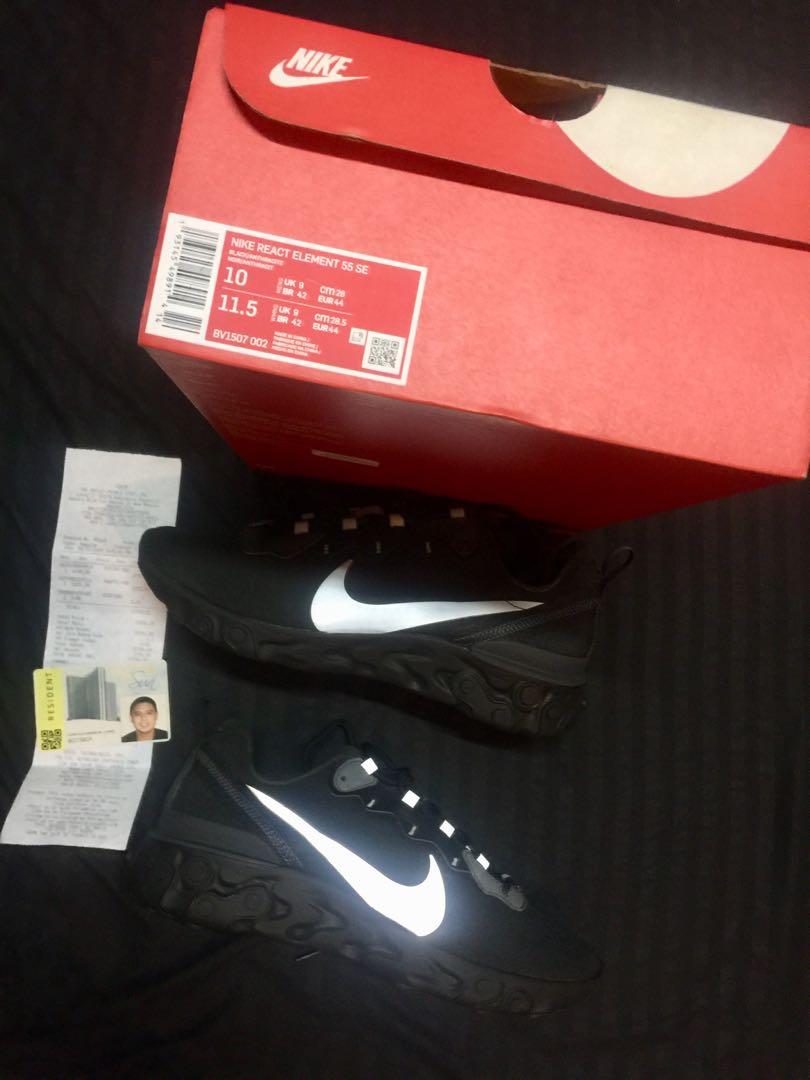 Brandnew Nike React Element 55 SE Reflective (Category: Sneakers) located in Quezon City. Submitted by _legitAF (Listing ID 1074137997, Image 3). Description: For sale only!! BRANDNEW Nike React Element 55 (SE) Special Edition Reflective Size 10 (Fits 9-10US) Retails at P6,745 Bought in Nike Robinsons Magnolia With Receipt (Under my Name) Authentic Money back!! Meet up preferably at Sun Residences Condo, QC area Text / Viber: 0927.916.1890.