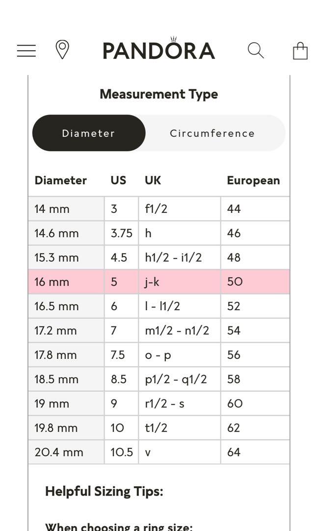 Pandora ring on sale size circumference