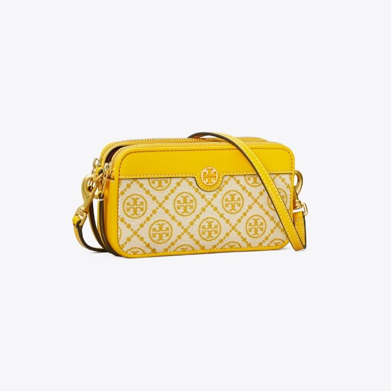 T.O.R.Y B.U.R.C.H 82240 T Monogram Jacquard Double Zip Mini Bag in  Goldfinch Woven Jacquard with Leather Trim - Women's Bag with Strap