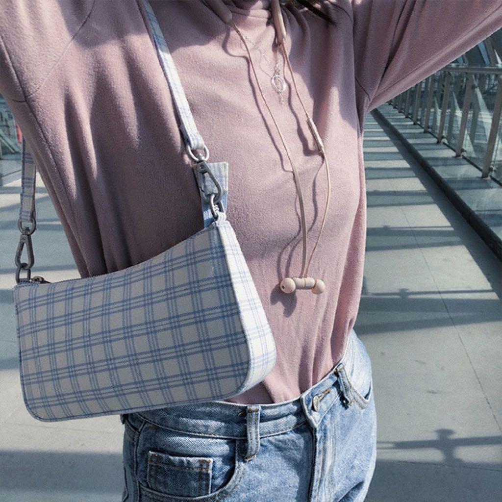 Blue plaid shop baguette bag
