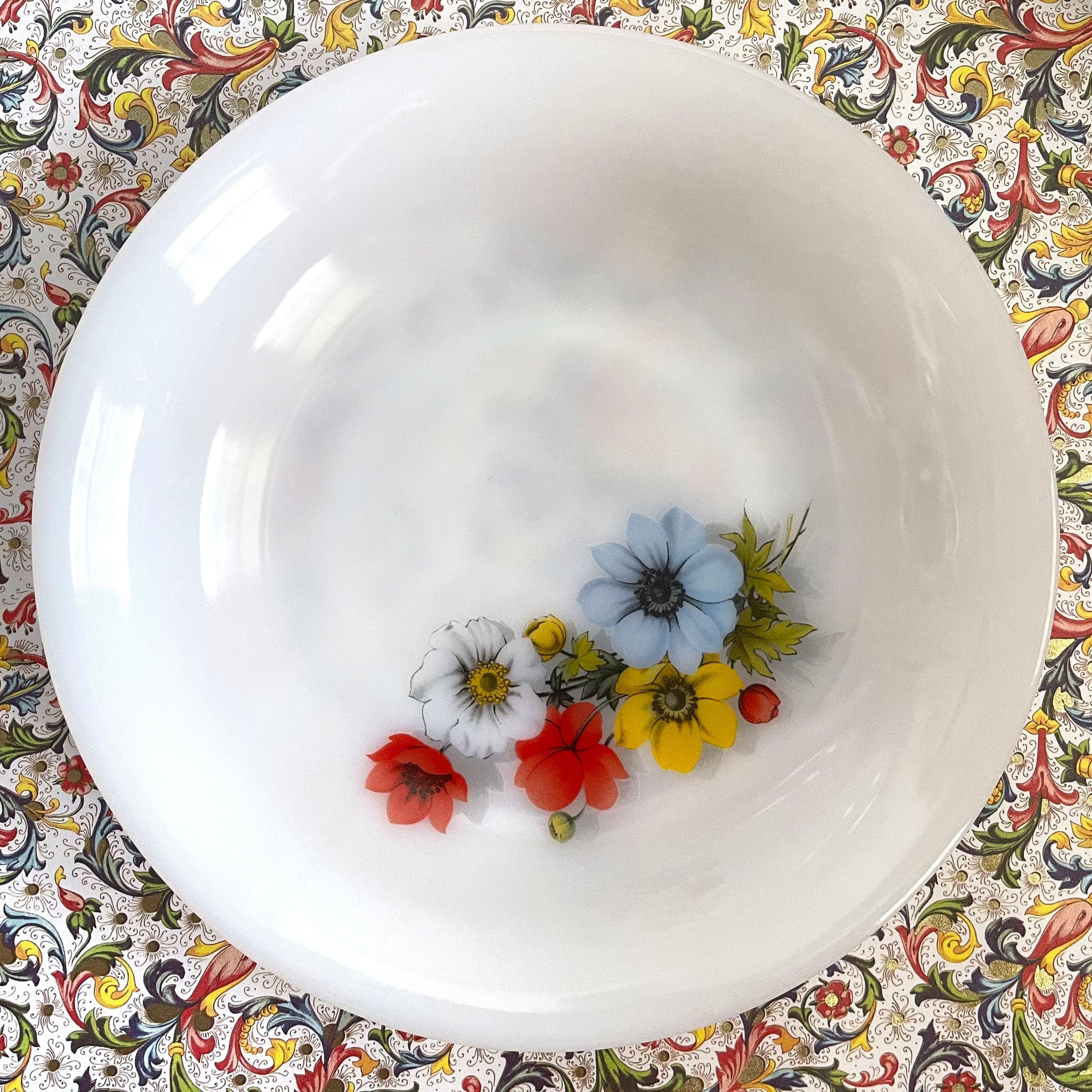 RESERVED 6 vintage shallow bowl glass plates Arcopal with anemone