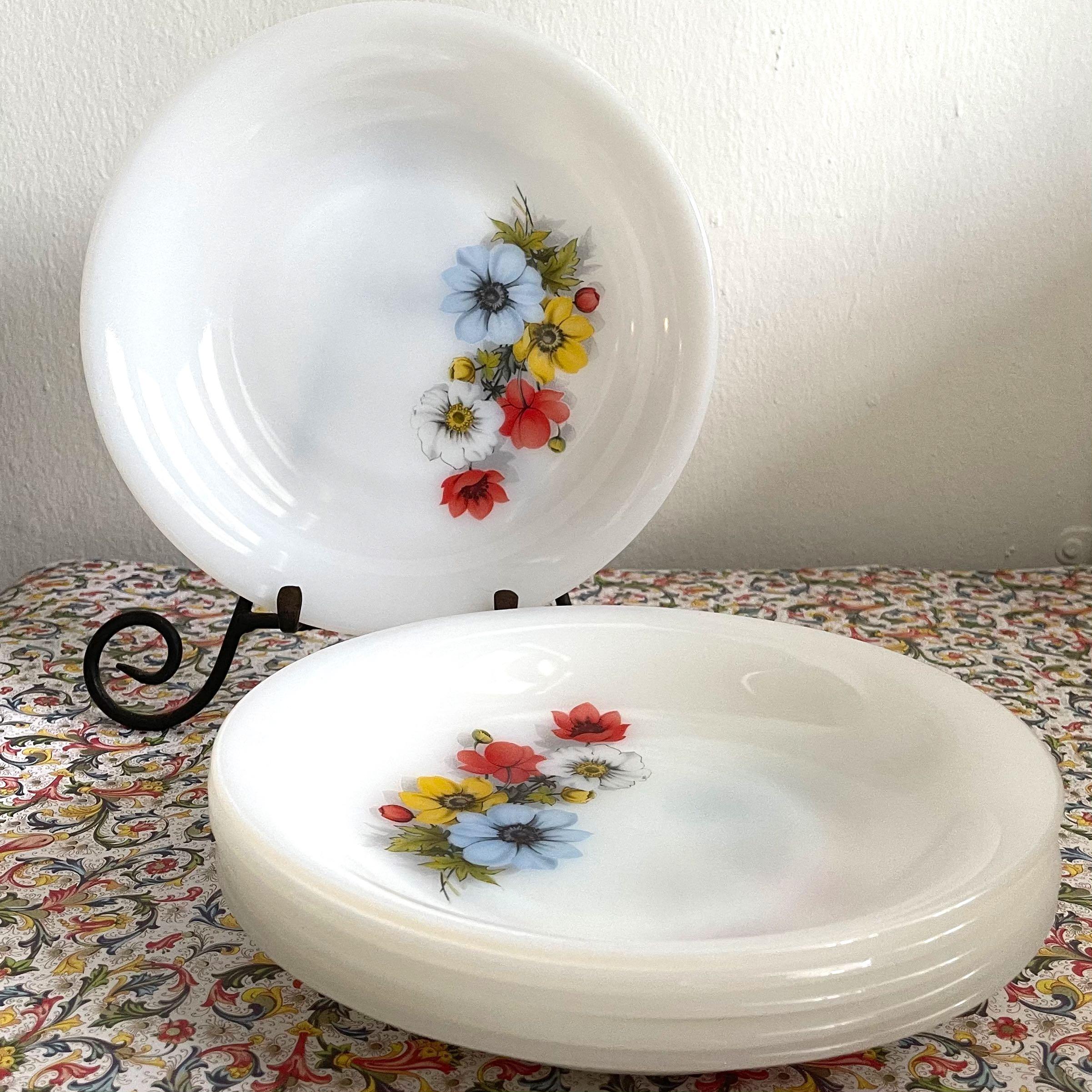 RESERVED 6 vintage shallow bowl glass plates Arcopal with anemone