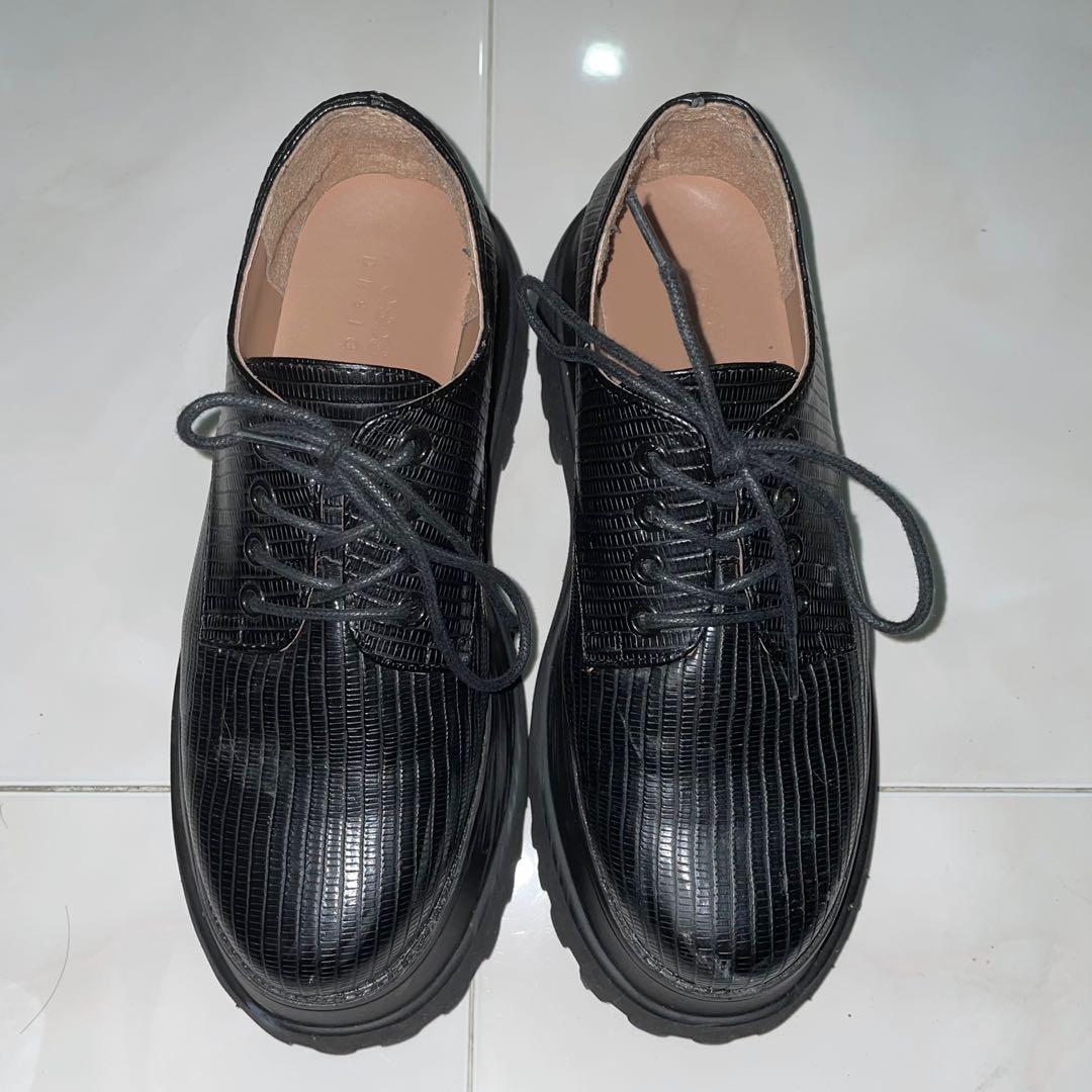 ASOS Design Marcy chunky lace up flat shoes in black lizard