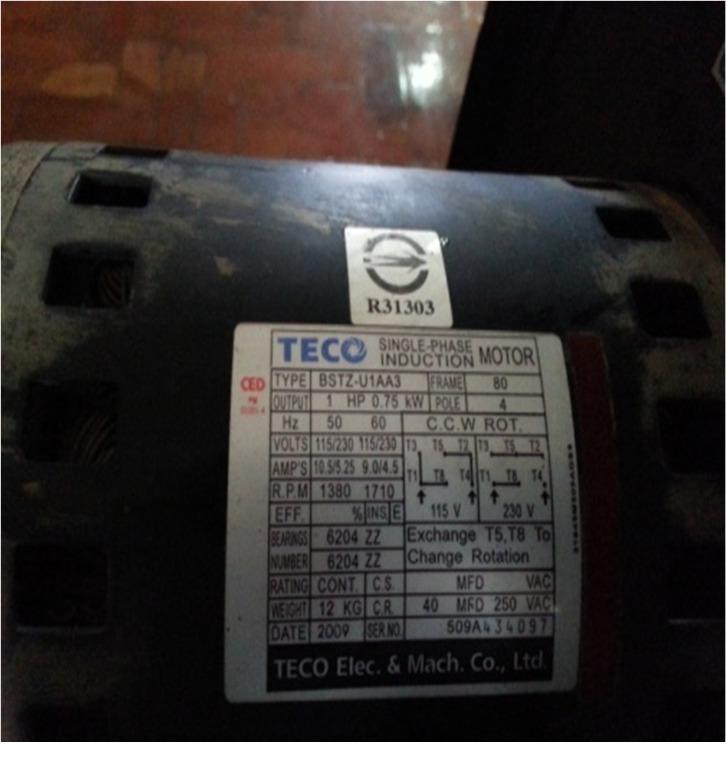 Blower with TECO motor 1HP 0.75KW (Category: Industrial Equipment) located in Manila. Submitted by kvgolamco (Listing ID 1078810069, Image 3). Description: Blower with motor Single-phase induction Motor Brand: Teco Elec. & Cachi. Co., Ltd Type: BSTZ-U1AA3 1 HP 0.75 KW item as is .