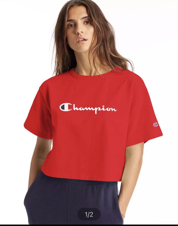 Vandt Zealot Et kors Champion red cropped t- shirt, Women's Fashion, Clothes, Tops on Carousell