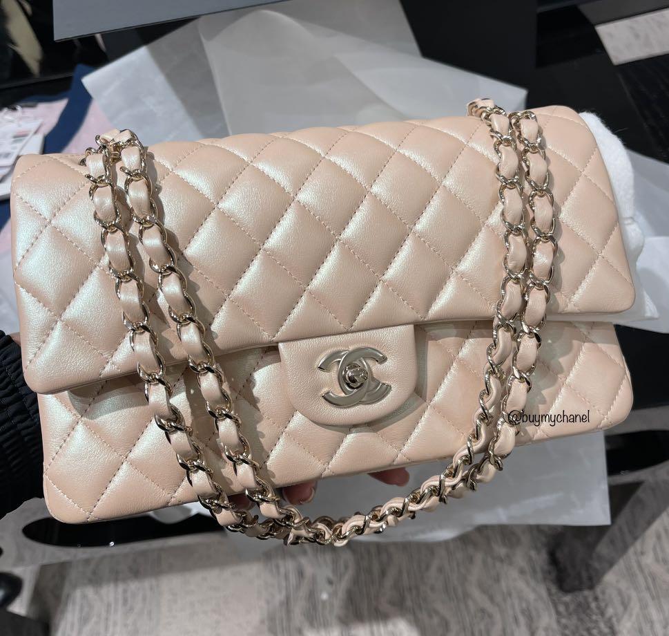 Chanel 21S Iridescent Pearly Beige/ Gold medium Calfskin Classic flap