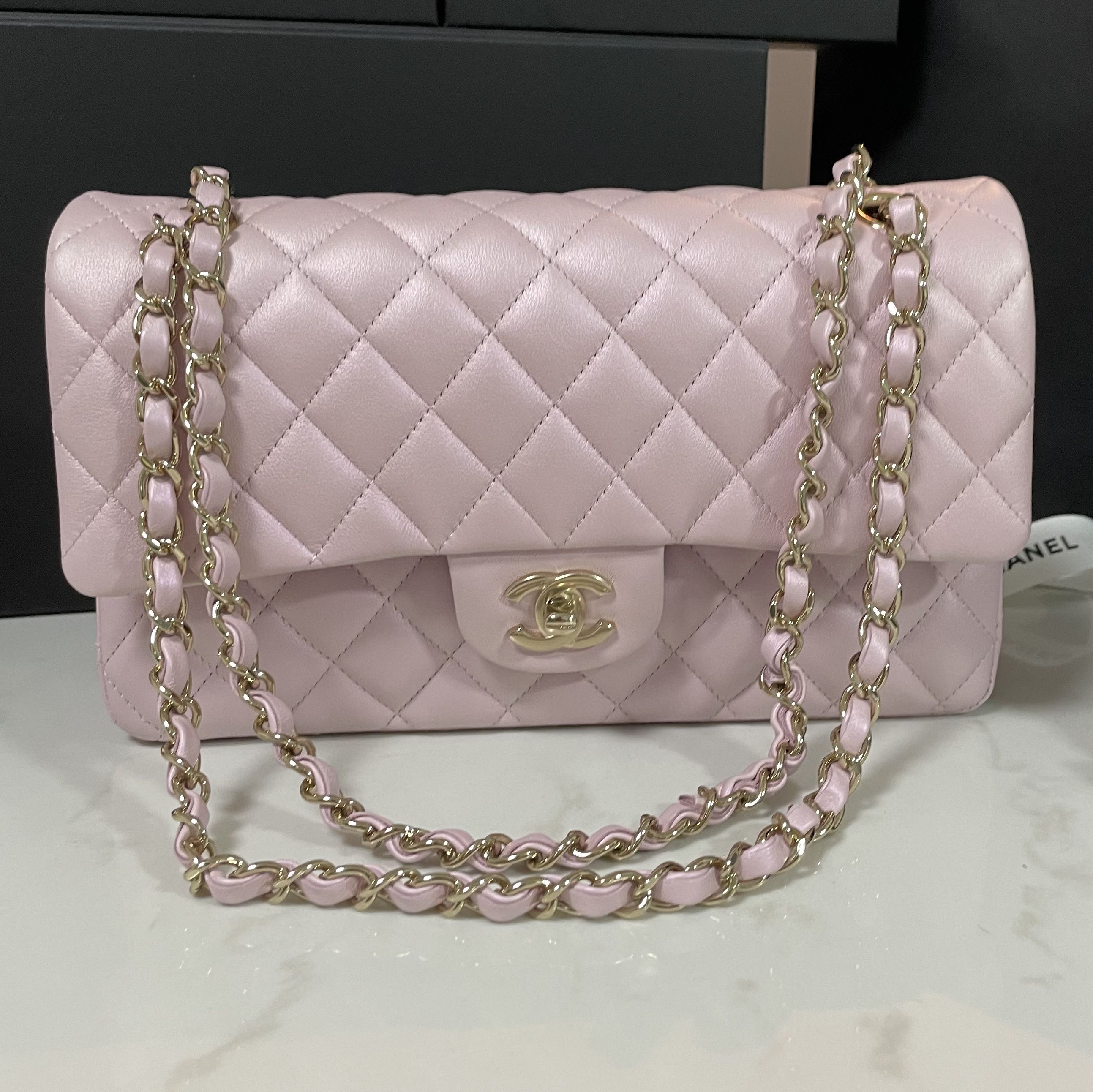 Chanel 21s iridescent light pink medium classic flap, Luxury, Bags &  Wallets on Carousell