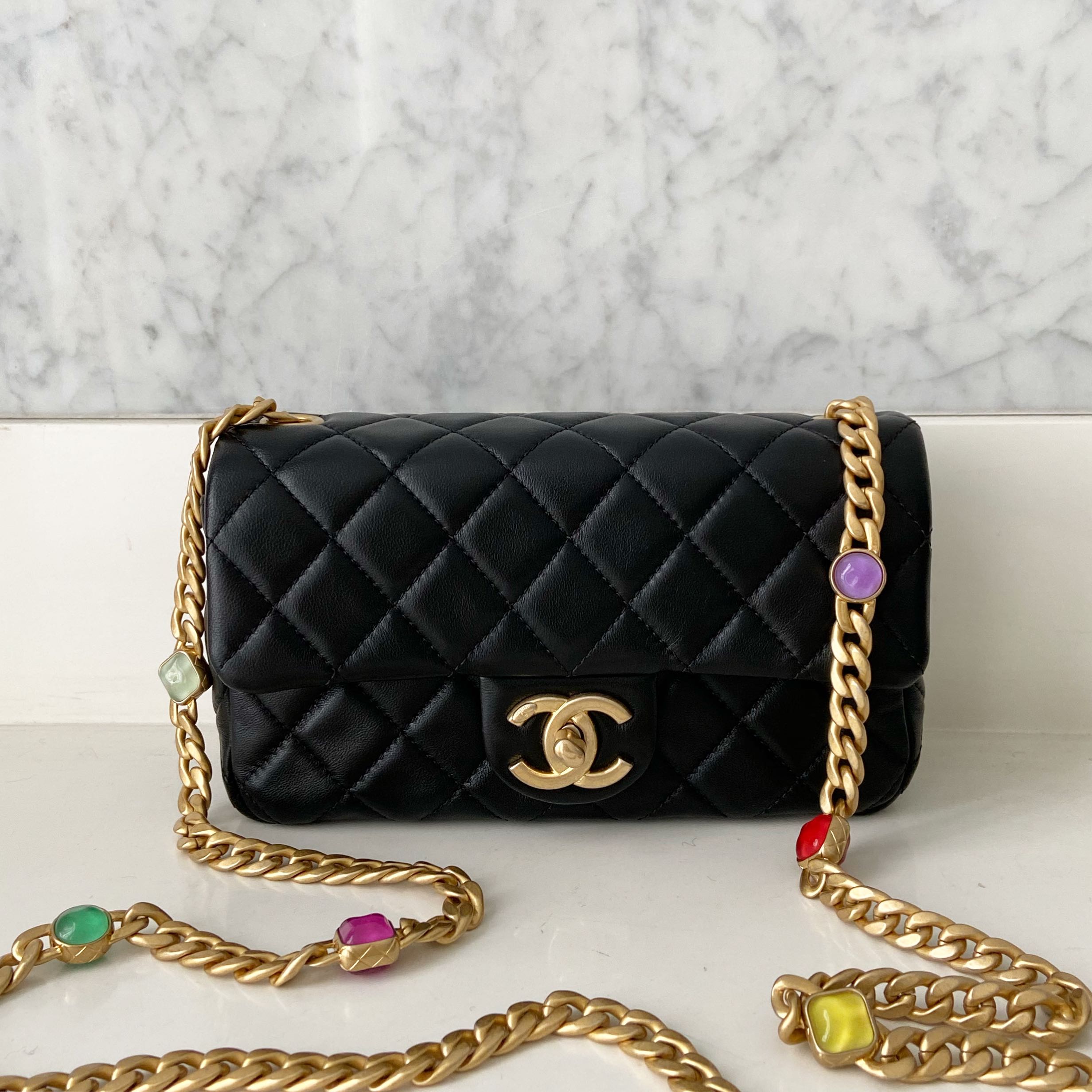 Chanel mini rectangular with rainbow gemstone chain, Luxury, Bags
