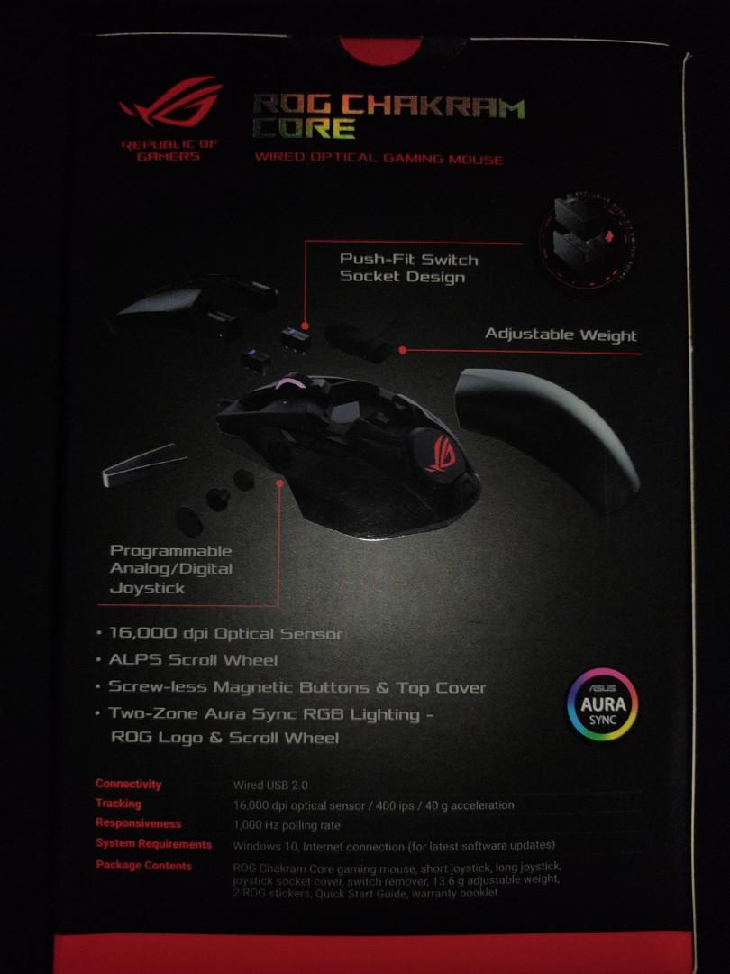 ROG Chakram Core (16,000 DPI) ( Original ) (Category: Mouse & Mousepads) located in Valenzuela. Submitted by firstvalb (Listing ID 1078770453, Image 3). Description: GAME-CHANGING VERSATILITY AND CONTROL ROG Chakram Core is a 16,000 dpi, 1000 Hz wired gaming mouse with a programmable, removable joystick to put superior control right under your thumb. Featuring exclusive push-fit switch sockets, adjustable weight, and the unique DPI On-The-Scroll 