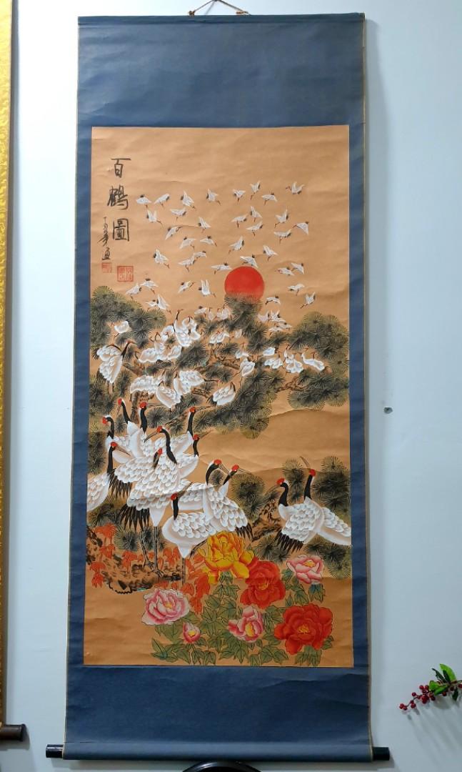 100 birds feng shui handpainted art chinese scroll, Furniture & Home