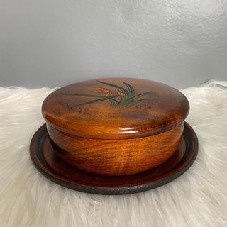 Brown Wooden 6" Bowl with Carvings & Tray
