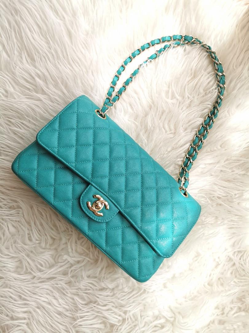 Chanel Classic Flap in Medium size, Caviar leather, Blue green, Luxury, Bags  & Wallets on Carousell