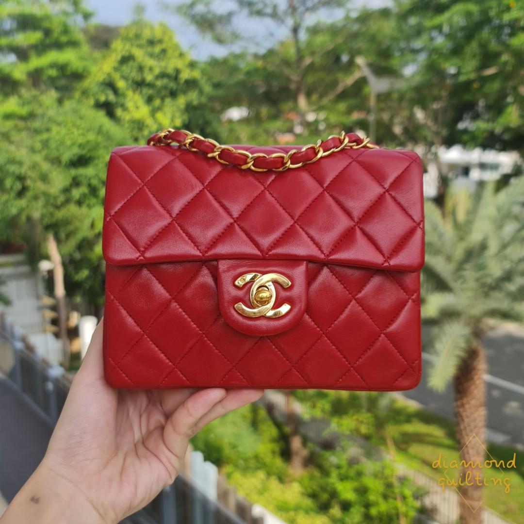 SOLD) CHANEL VINTAGE MINI SQUARE CLASSIC FLAP BAG SCARLET RED 17CM