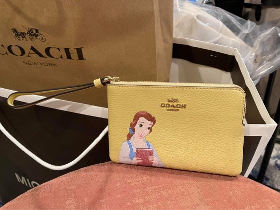 disney x coach corner zip wristlet with belle