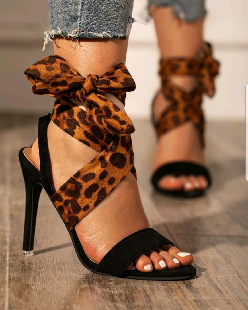 Leopard Tie Up Heels, Women's Fashion