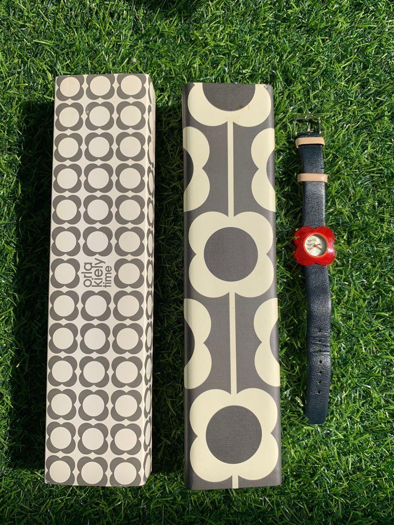ORLA KIELY Poppy Red Flower Navy Leather Strap Watch Women s