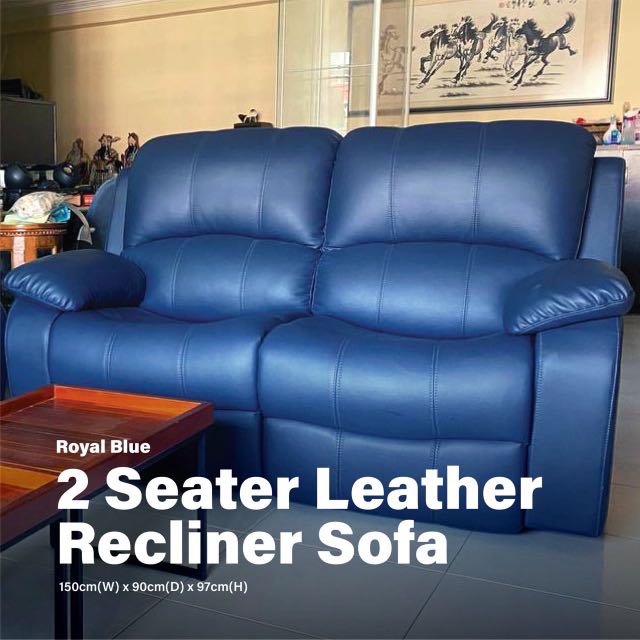 Royal Blue 2 Seater Leather Recliner Sofa Furniture Home Living