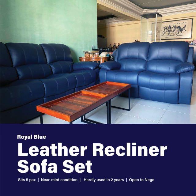 Royal Blue Leather Recliner Sofa Set, Bright Blue Leather Sofa