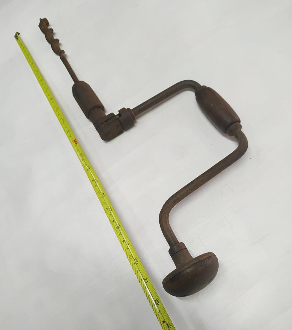 Vintage Manual hand drill wooden handle hand crank tool, Furniture