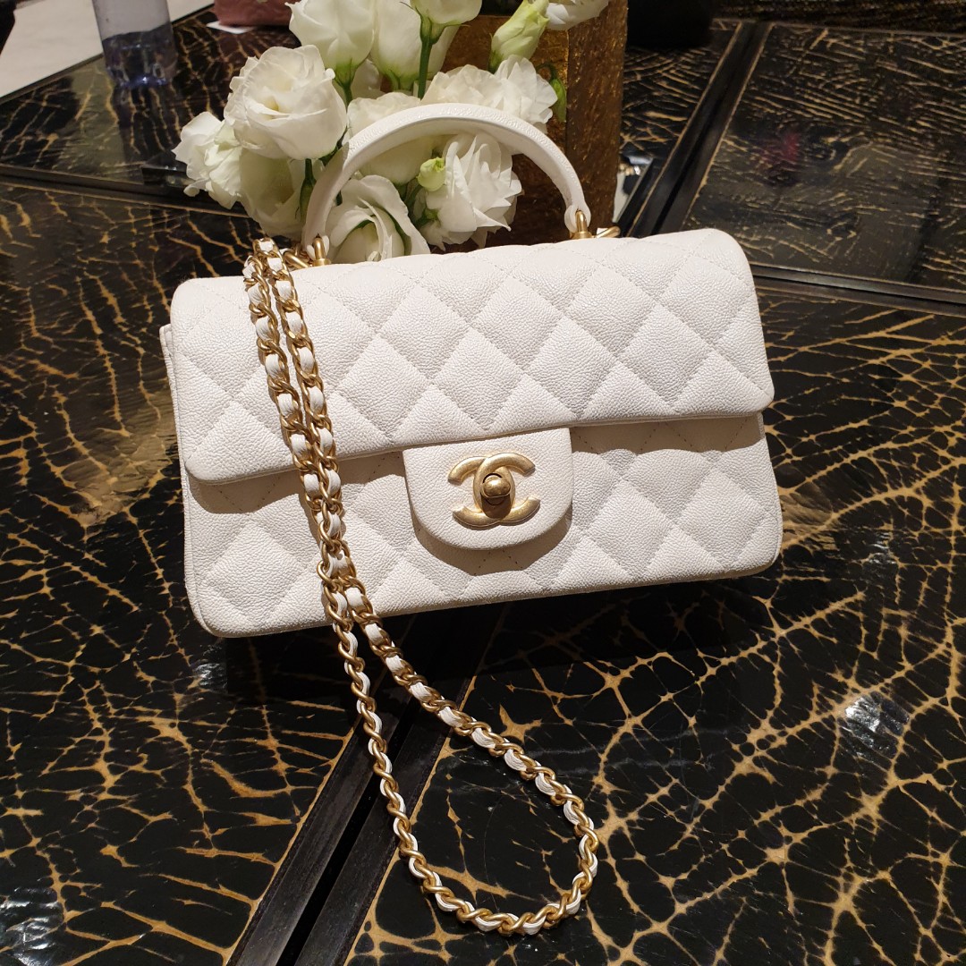 Chanel Mini Top Handle, Caviar, Off-White GHW - Laulay Luxury