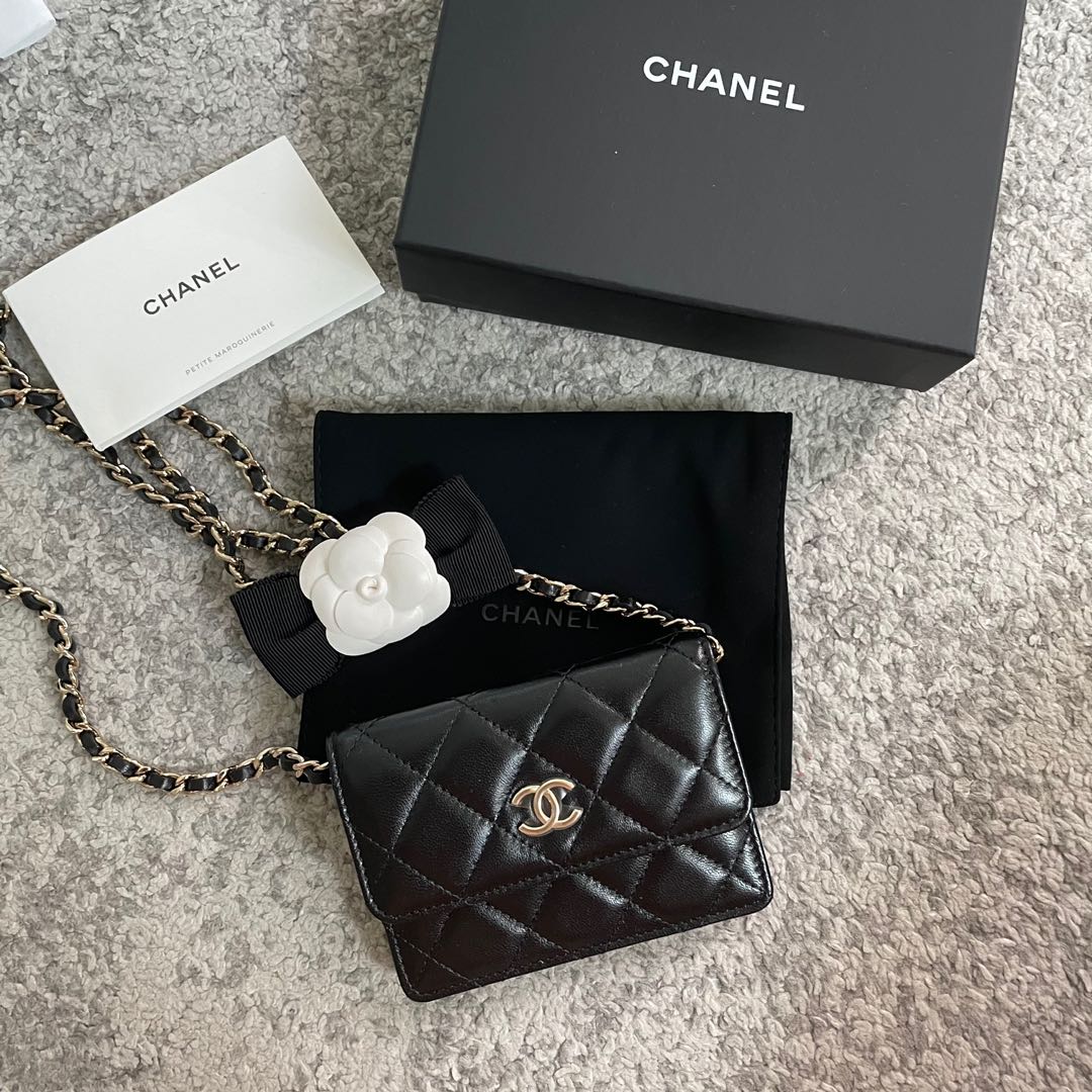 Chanel Card Holder Camellia Embossed Black in Caviar with Gold-Tone - US