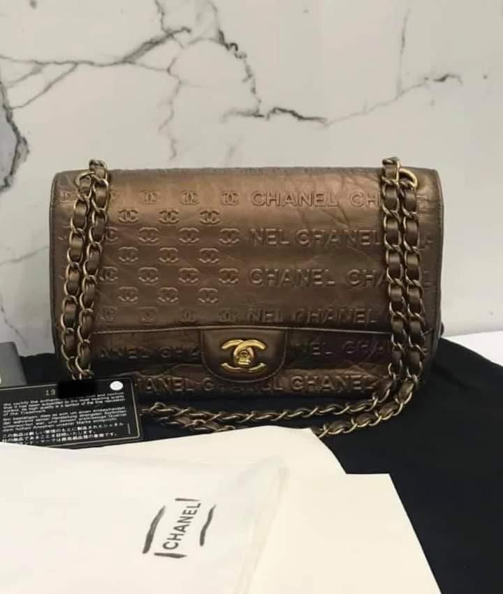 Chanel Seasonal Flap Medium with Embossed Logos Bronze Distressed