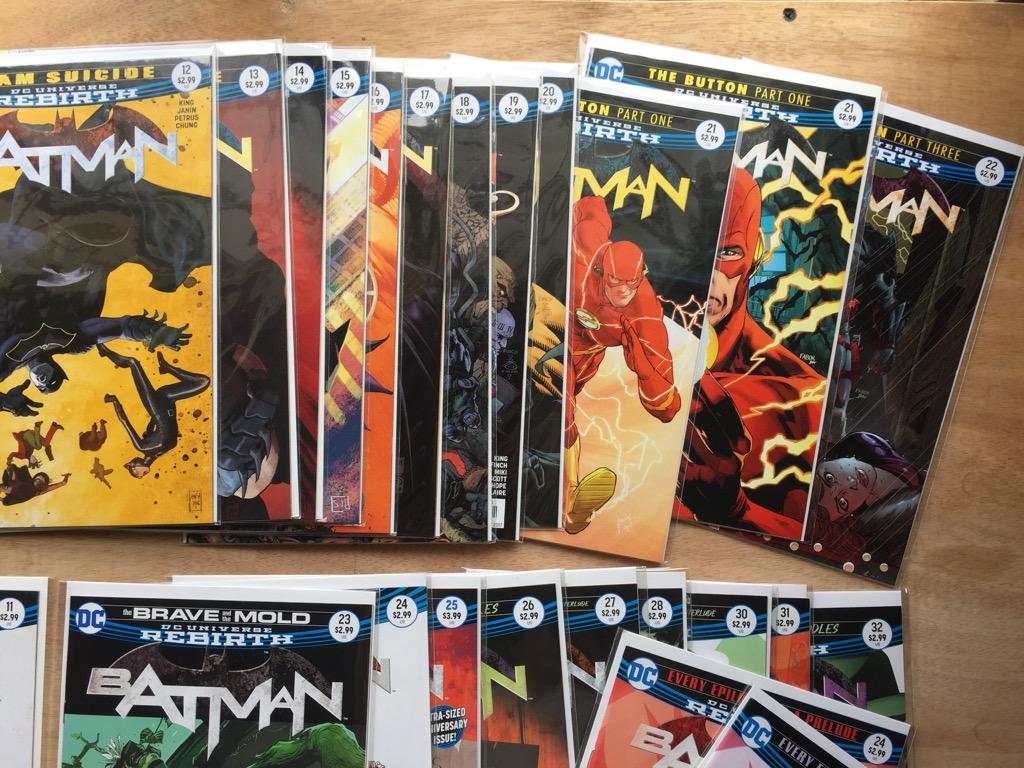 DC Rebirth Batman Comics Lot (Category: Comics & Manga) located in Manila. Submitted by rawmel (Listing ID 1080867925, Image 2). Description: DC Rebirth Batman (2016) 1 to 28, 30, 31, 32 (with Lenticulars) Comics Mostly regular covers Condition: VF/NM (Lenticulars unread) Batman 1 (+variant), 2-28 (+ 21, 22 Lenticulars), 30-32 (missing 29) #24 regular + 2nd print RFS: Downsizing my collection Can be shipped via Lalamove, Grab.