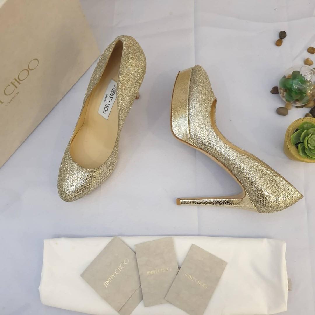 Jimmy Choo Alex Champagne Glitter Fabric Pump Size 38 24.5cm