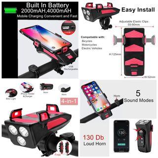 【Ready Stock】4-in-1 Bicycle light/horn/phone holder/charger Bicycle Light Waterproof LED