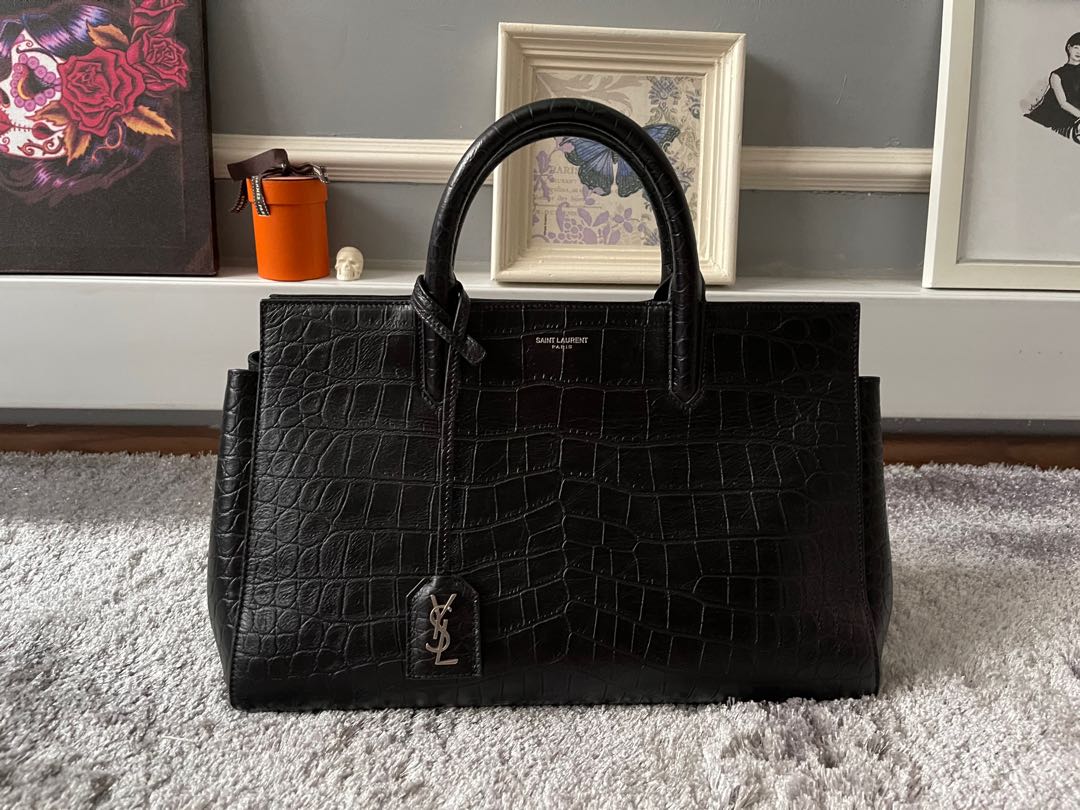 Ysl Calfskin Crocodile Embossed Medium Cabas Rive Gauche Blackout