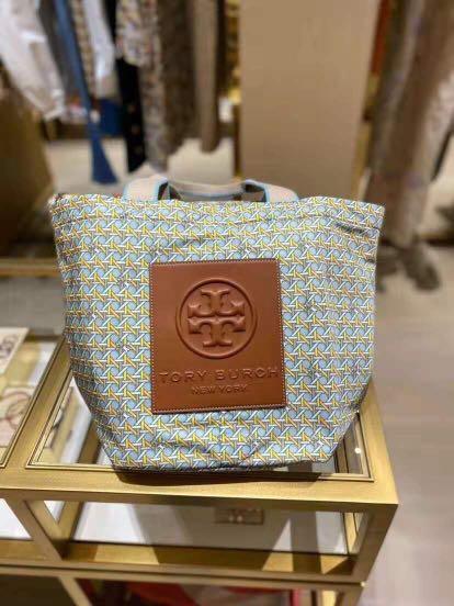 Tory Burch Basket Weave Printed Small Tote In Buttermilk