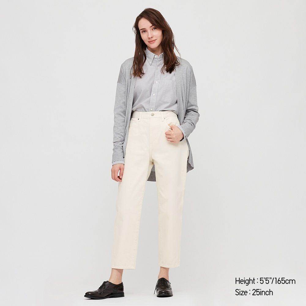 uniqlo slouch tapered ankle jeans (cream), Women's Fashion, Bottoms ...