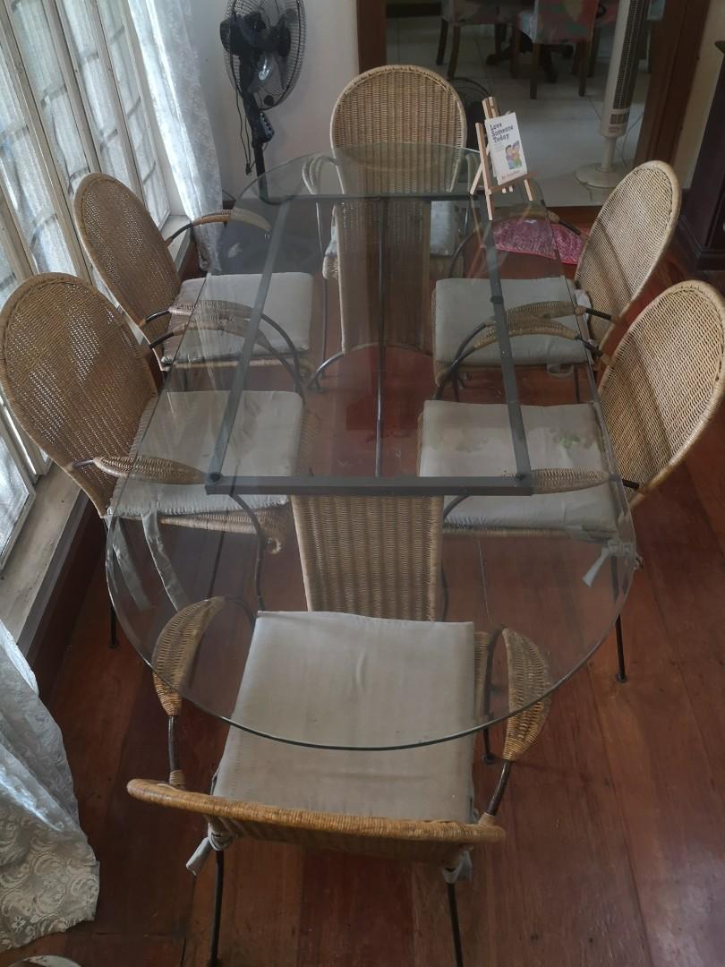 Vintage Glass Table with Ratan Chairs, Furniture & Home Living