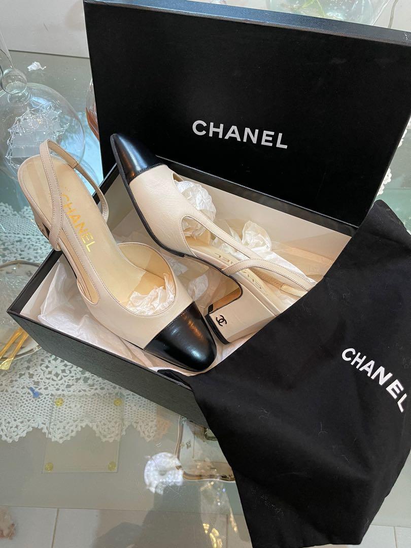 Authentic Chanel Classic Slingback Chunky Heel Pumps In Pearl White/Black  Color Size 37, Luxury, Sneakers & Footwear on Carousell