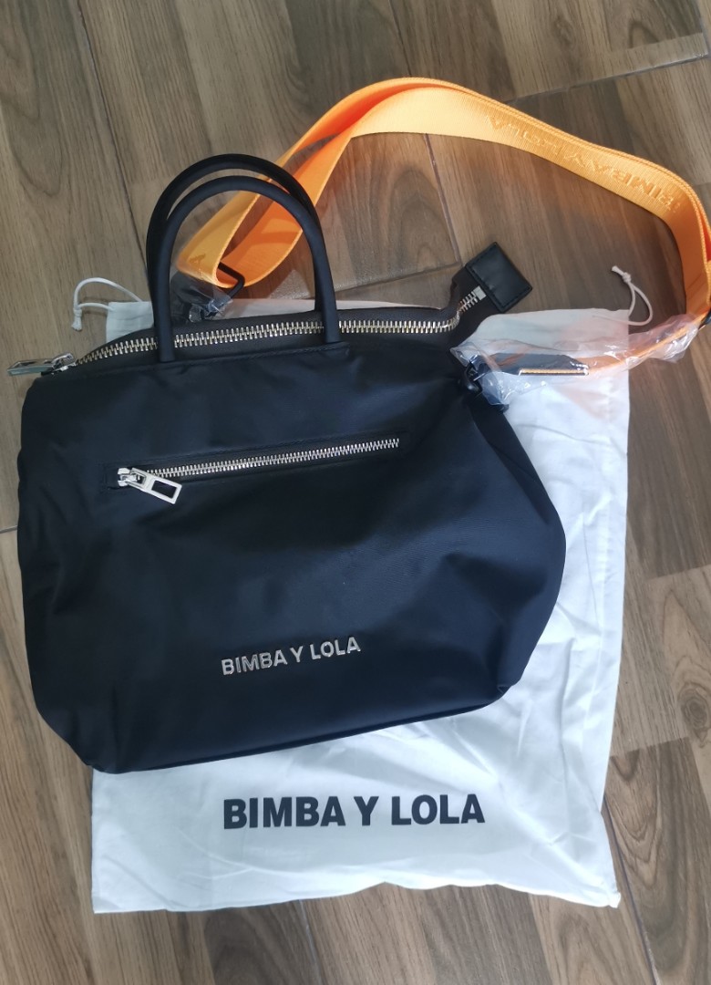 Black Bimba Lola Nylon Tote Bag with Orange Strap, Women's Fashion 