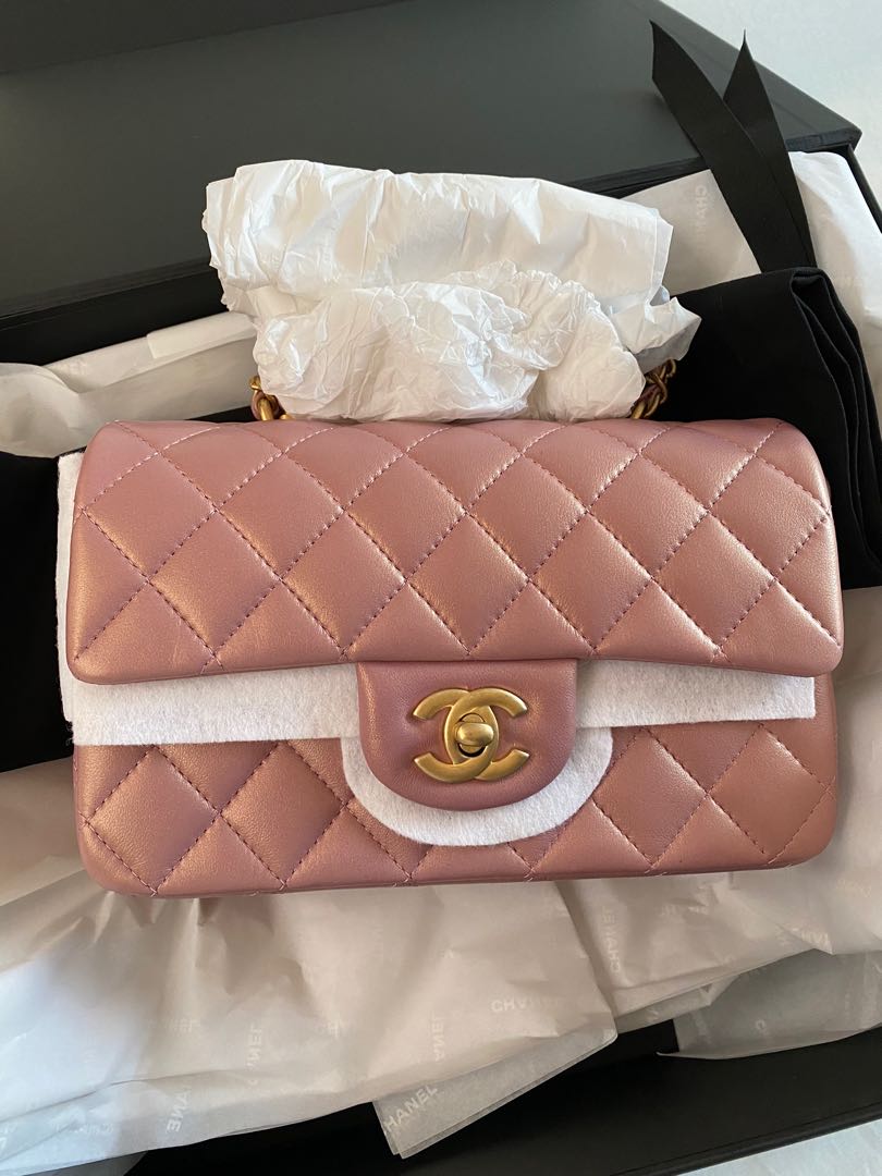 Chanel mini flap top handle in iridescent pink, Luxury, Bags