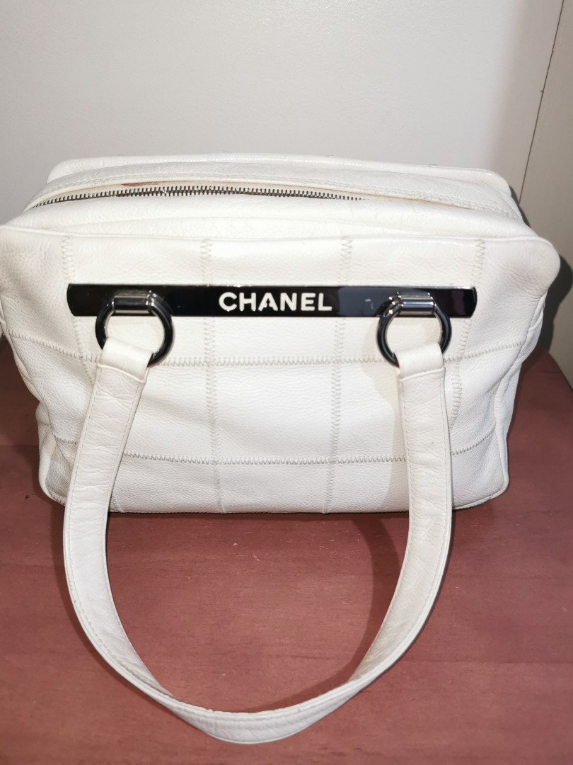 CHANEL Square Stitch bowler bag quilted caviar white, Luxury, Bags