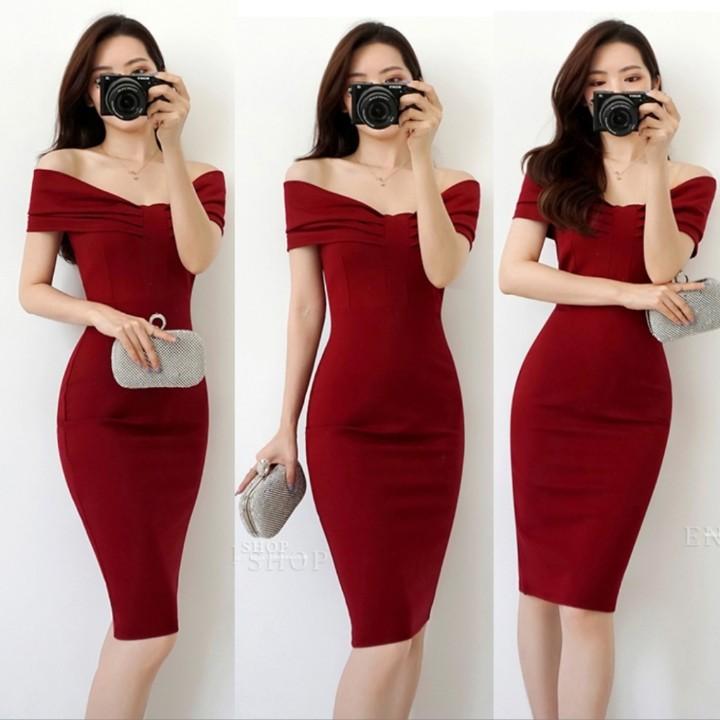 Classic Off Shoulder Bodycon Dress In Burgundy Women S Fashion Dresses Sets Dresses On Carousell