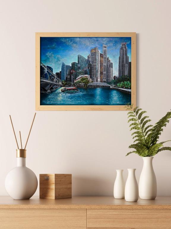 Original Oil Painting Singapore Downtown Art, Hobbies & Toys