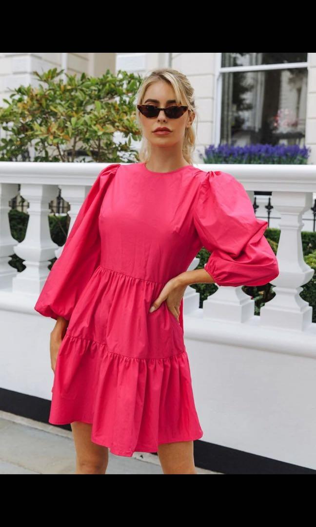 hot pink puff sleeve dress