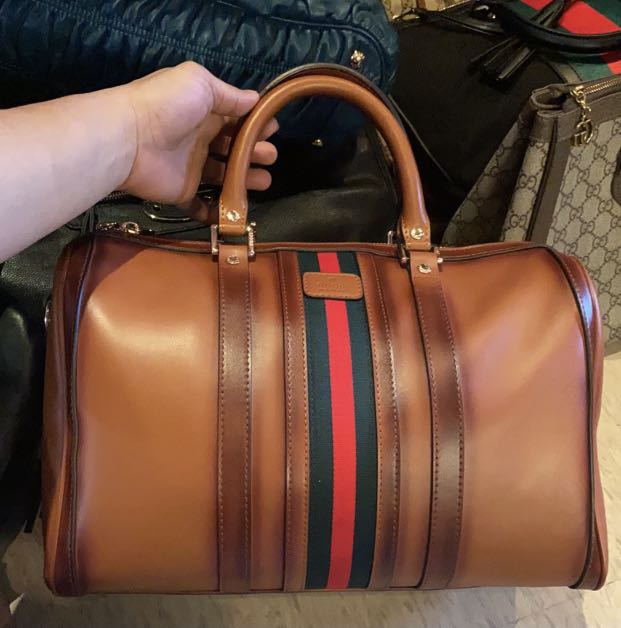 Authentic GUCCI Calfskin Vintage Web Medium Boston in Tobacco, Luxury, Bags  & Wallets on Carousell