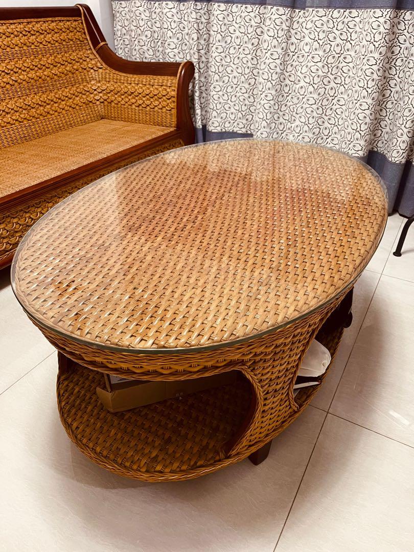Vintage Rattan Coffee Table with glass top and wood details